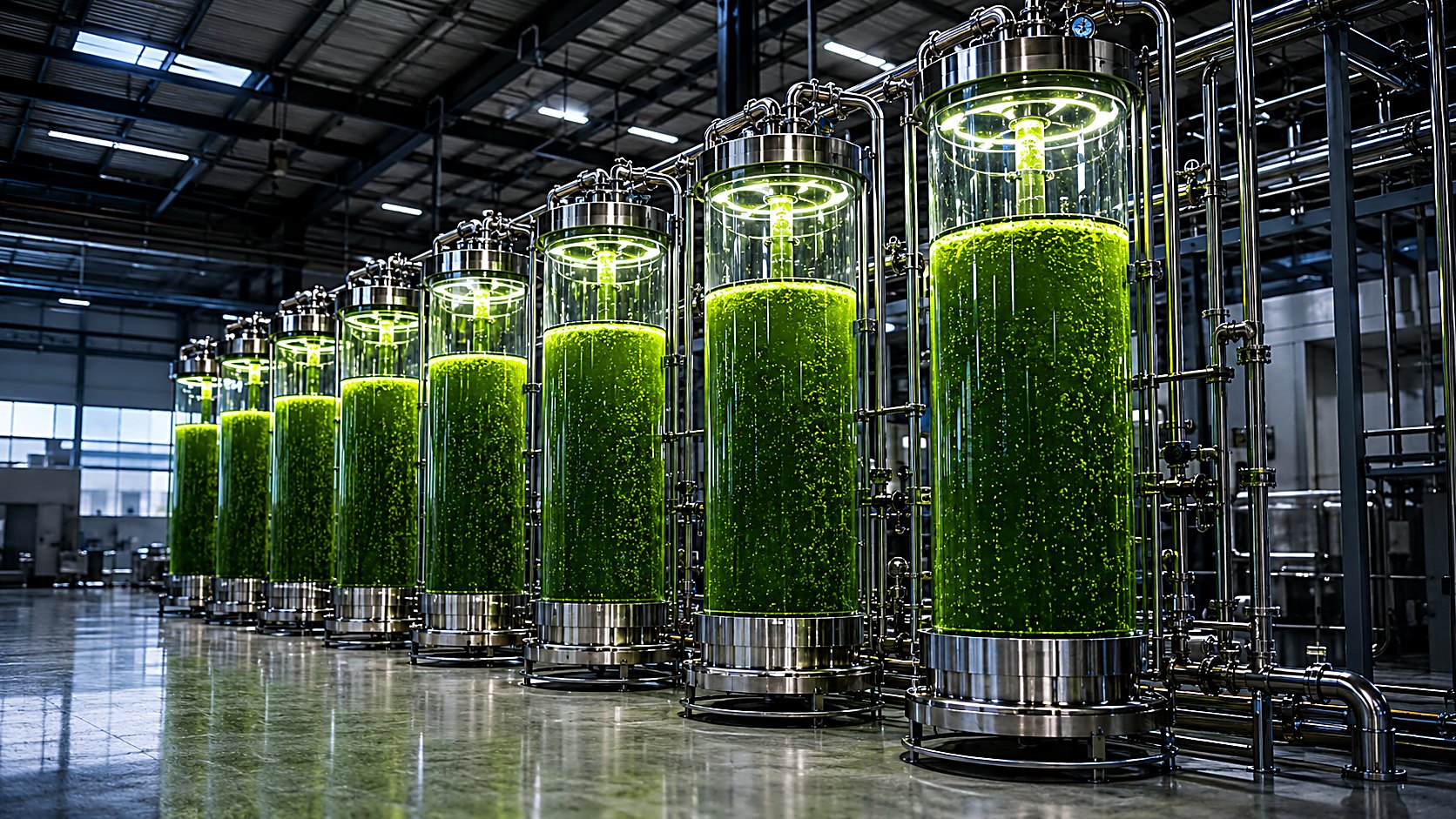 Rows of vertical photobioreactor columns filled with green algae culture in a production facility